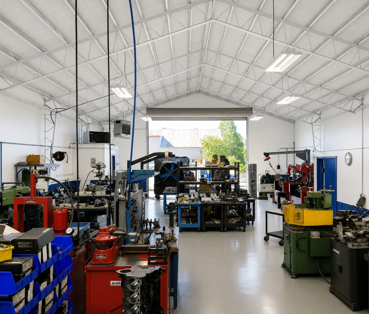 The RVJ Machine shop floor in Auburn, California, with Sunnen honing machines, benches and parts shelving either side of the open roller door