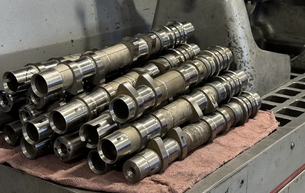Polished camshafts laid out on the bench beside the measuring stand
