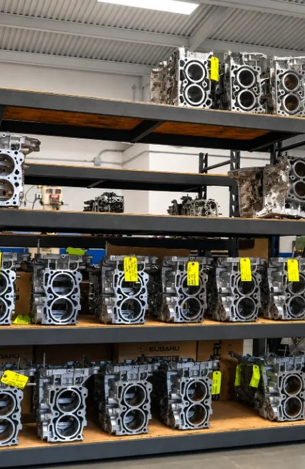Shelves of boxer cylinder blocks, tagged and racked waiting for work