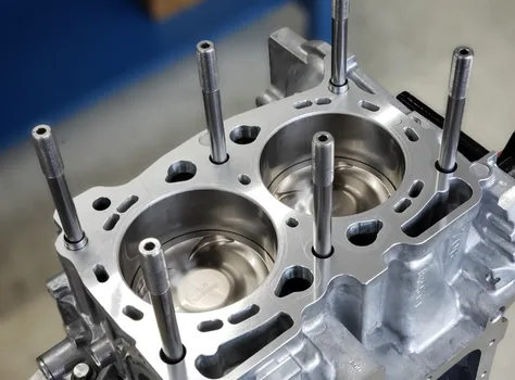 A boxer block with head studs fitted and pistons visible down the bores