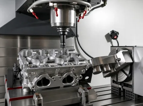 A cylinder head clamped to the table of a CNC machining centre beneath the spindle