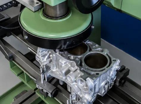 A cylinder block clamped under the cup wheel of a surface grinder