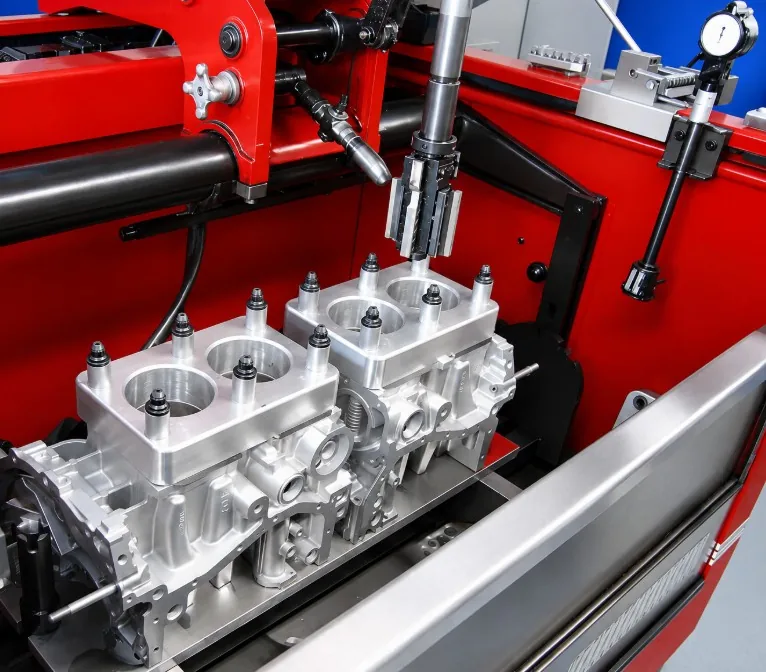 Torque plates bolted down to a boxer engine block on a machine bed, a dial gauge set up alongside
