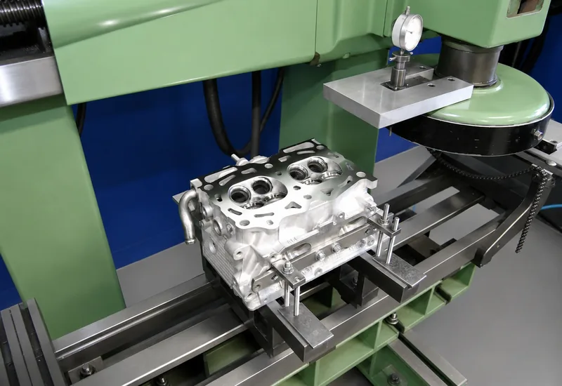 A cylinder head clamped on the bed of a surface grinder beneath the wheel